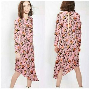 Topshop Pink Floral Midi Long Sleeve Asymmetrical Dress size 4 with ruffels